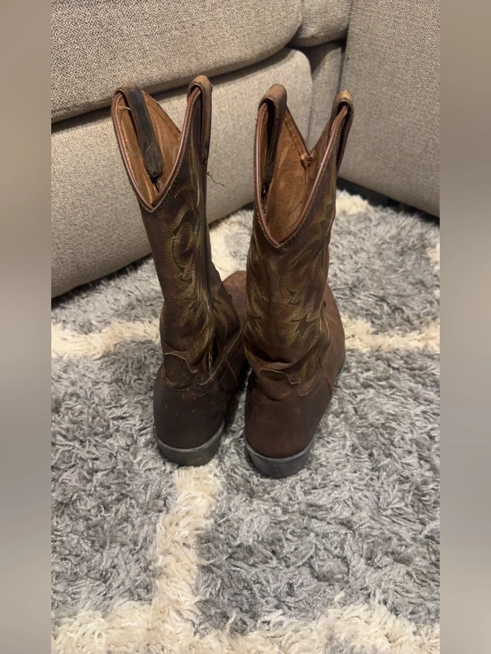 Justin Boots Brown Leather Cowboy Boots with Yellow Logo Print